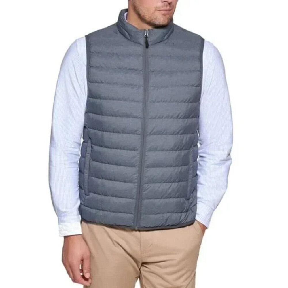 Club Room Puffer Vest Men's Small Heather Gray Packable Quilted Full Zip UPS287